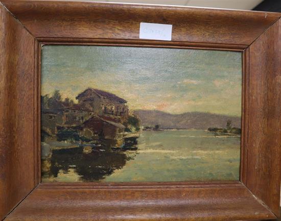 Heinrich Hoffmans (1814-1896), oil on canvas board, Swiss lake scene, signed and dated 41, 22 x 33cm